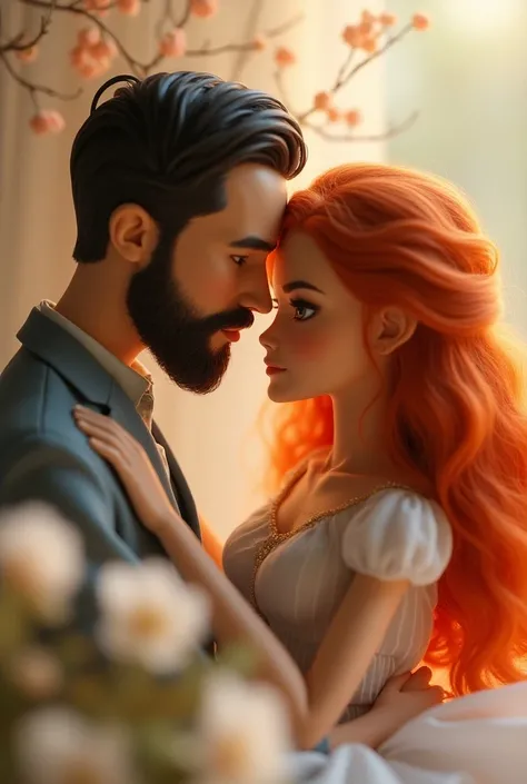 Make a book cover with the theme love and reunion and use two little dolls, one of them a brunette with a short beard, short hair and a white woman with straight red hair. 