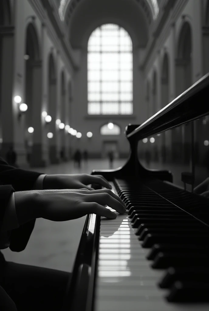 Quatre mains jouant du piano en noir et blanc dans une gare 