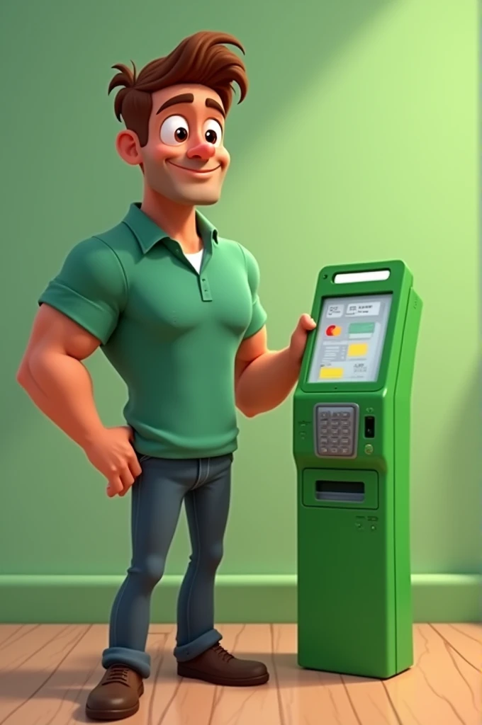  Disney Pixar-shaped cartoon of a man offering an all-green credit card machine. Hes holding the machine with one hand . The position in front of the viewer offering this machine. This mans body is athletic.