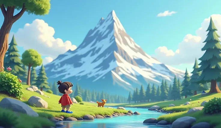 At the foot of the mountain wearing blue sandals, 3D chibi animation