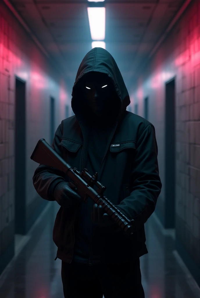 In the hallway there is a man in a mask and a gun, bank heist movie, stealth suit, 3 D rendered character art 8 K, cyberpunk street thug, bank robbery movie, avant-garde teen assassin, security agent, Jetstream Sam from Metal Gear Solid, bank robbery, Meta...