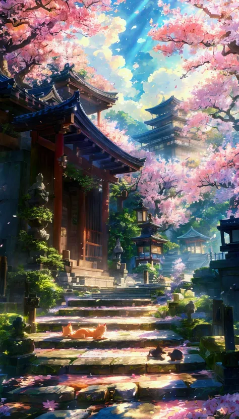 anime scenery of a japanese temple with a cat sleeping on the steps, anime background art, ross tran. scenic background, anime beautiful peace scene, beautiful anime scenery, beautiful anime scene, anime background, anime nature wallpap, 8k high quality de...