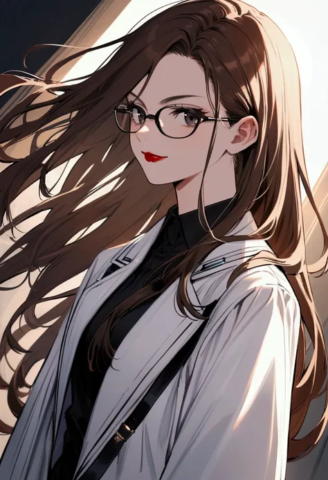  teenage girl , 23 years old, hair tidy, long hair, dark brown hair, black eyes, wearing glasses, Very detailed red lipstick on the lips, slender body, serious face, Happy smile, super stylish scientist clothing ,  very detailed and stylish white coat, 