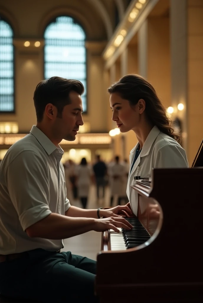 Un homme en chemise et une pharmacienne jouent du piano ensemble dans une gare.