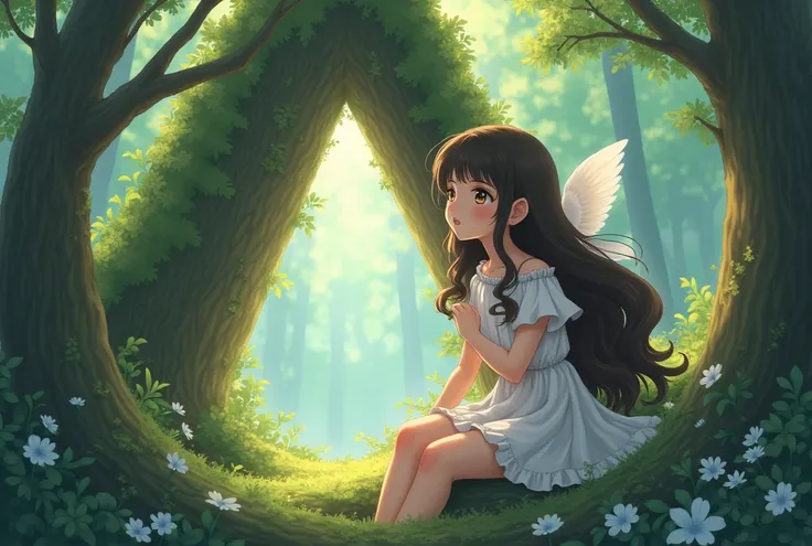 Imagine a young adult woman of shorter stature,  with very long and wavy dark brown hair , very long, bulky and wavy that go beyond the waist , in anime style. she doesn&#39;t have bangs, has an angelic face , light skin,  brown eyes that reflect curiosity...