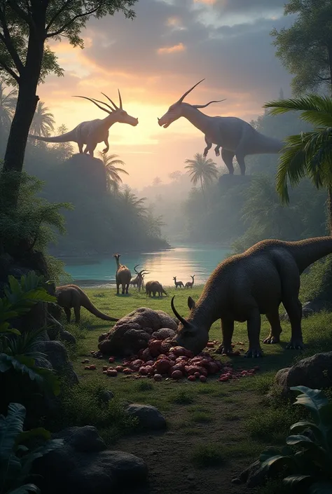 Prehistoric landscape near a lake where there are long-necked dinosaurs, herbivorous dinosaurs, some ancient mammals such as Magnus, rhinoceroses, reptiles, flying near dusk a tyrannosaurus eating a dinosaur where you can make whatever dinosaur or prehisto...