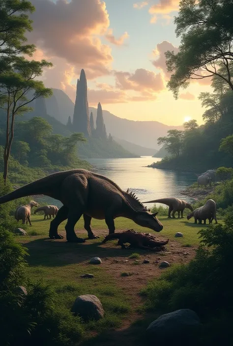 Prehistoric landscape near a lake where there are long-necked dinosaurs, herbivorous dinosaurs, some ancient mammals such as Magnus, rhinoceroses, reptiles, flying near dusk a tyrannosaurus eating a dinosaur where you can make whatever dinosaur or prehisto...