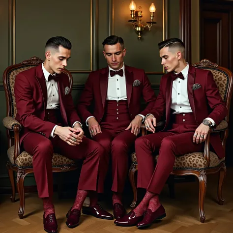 
full body view, three different High-end white gay guys, dapper with excess, preppy fine undercut perfect haircuts, same inflated siliconed huge lips & turned-up very tiny redone noses, wearing finest dapper colored suits and details, in finest sheer burg...