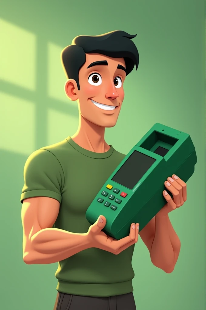  Disney Pixar-shaped cartoon of a man offering an all-green credit card machine. Hes holding the machine with one hand . The position in front of the viewer offering this machine. This mans body is athletic. Your hair is short and black .  Leave it in fron...