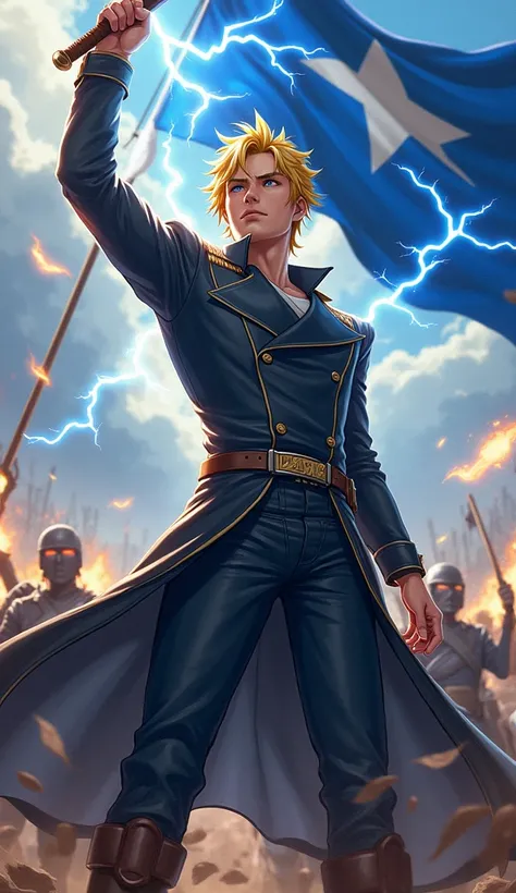 Handsome Adult Sabo Becomes War Leader And Hold Sword Of Lightning And Enters War 100 Soldier Revolution, Yellow Hair, Blue Hat, Blue Star Flag, Blue Eyes,