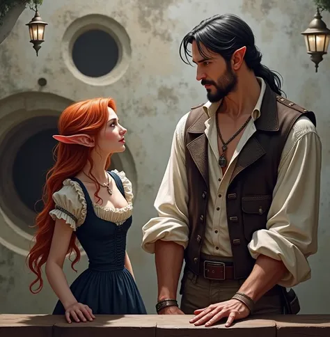  Make a red-haired woman long wavy hair ,Little elf ears ,  wearing a 19th century navy blue dress ,  in front of a 2-meter-tall man ,  with slightly large black hair , light brown skin, with elf ears, wearing pants boots and a leather vest and a white puf...