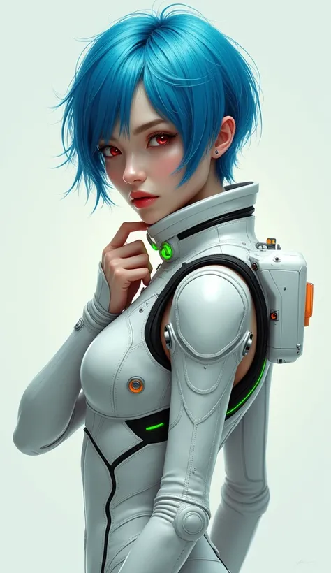 "Create a hyper-realistic image of a young woman with short, vibrant blue hair styled in a messy bob cut. She has pale skin and striking red eyes, which should appear vibrant and slightly reflective, giving an intense, otherworldly gaze. She is wearing a w...