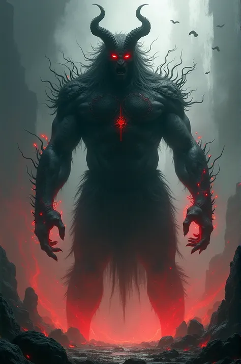 "The transformed Brahma Rakshas, a large, powerful figure with glowing red eyes and an imposing presence. His form is shadowy, yet there is an undeniable aura of spiritual power around him, with the environment reflecting his dark, otherworldly nature."
