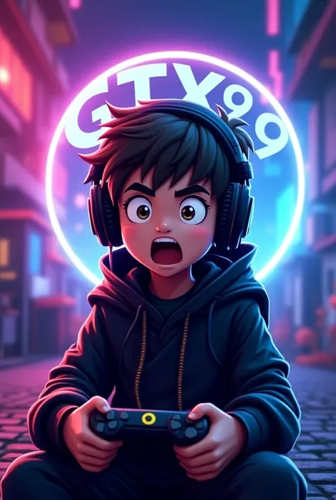 ((best quality)), ((masterpiece)), ((Detailed)), ((cartoon)),A 20 year old young boy wear Surprising react  face and headphones and playing game in his video game device his purple and blue neon background, white neon outline on his body  8k UHD, Ninja Out...