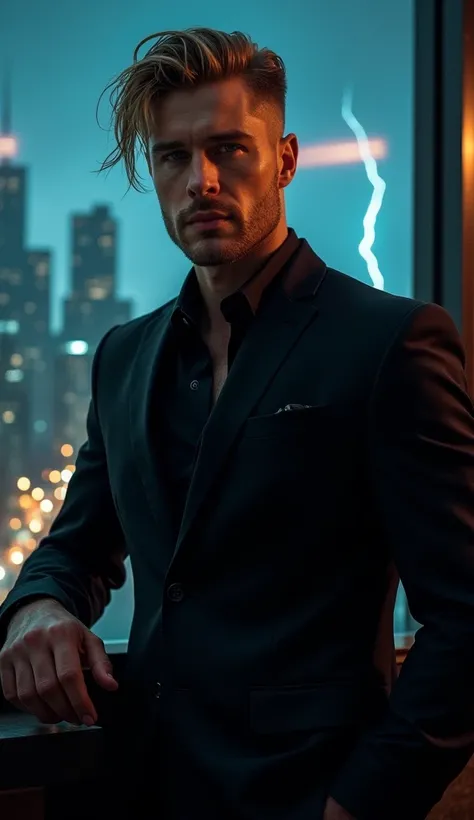 Man, 32 years old, dark blond hair. black suite. medium length hair falls in forehead. undercut. stands in front of the panoramic window. leans on desk. night. thunderstorm rain lightning chicago. looks into camera. blue eyes. realistic photo. american bad...