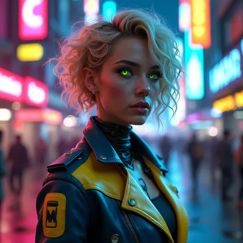 cyborg girl, cyberpunk city background, neon light, a beautiful woman 30 years old, blonde short curly hair, green eyes, animated, realistic, elegant and confident, leather jacket, blue and yellow colours, digital art masterpiece, best quality,4k,masterpie...