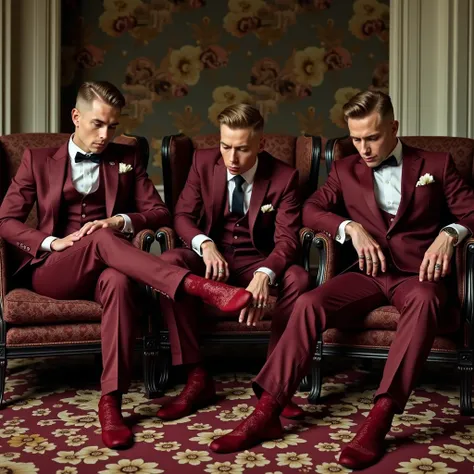 
full body view, three different High-end white gay guys, dapper with excess, preppy fine undercut perfect haircuts, same inflated siliconed huge lips & turned-up very tiny redone noses, wearing finest dapper colored suits and details, in finest sheer burg...