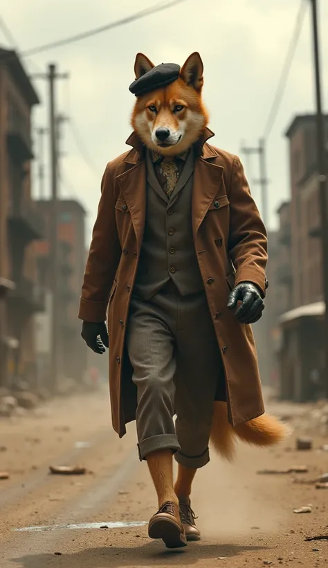 Imagine a humanoid dingo, his body is strong and muscular, his clothes are inspired by British street fashion from the beginning of the 20th century, specifically the 1920s. He wears a beret. In the background, an urban landscape with industrial buildings ...