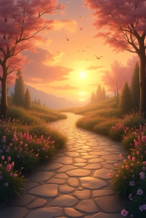 The image may depict a brightly lit path stretching toward a radiant horizon. In the center, the path is lined with flowering trees or green plants, symbolizing growth, hope, and the ongoing journey each reader is about to undertake after reading your book...