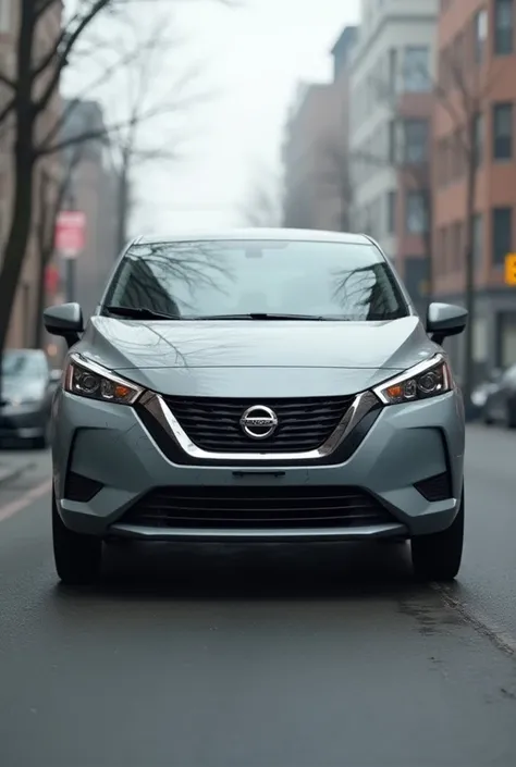 Nissan Versa gray car with flat front wheel
