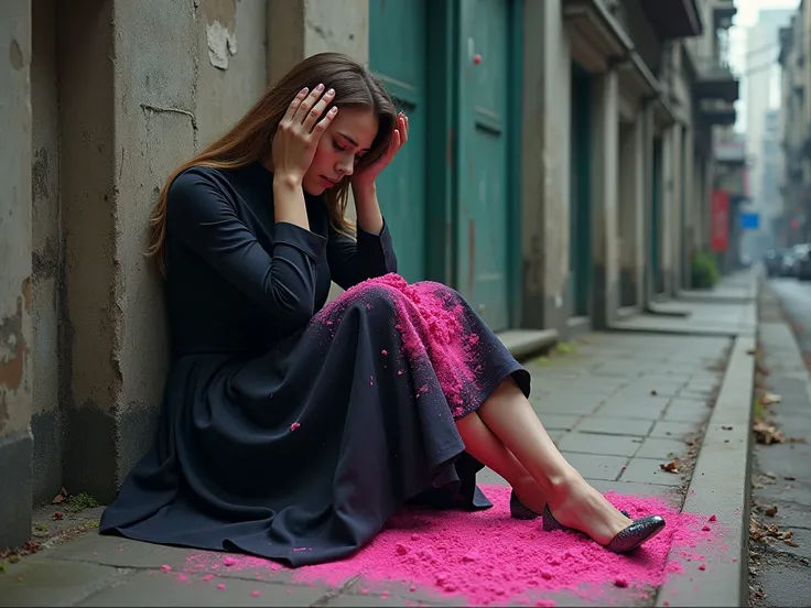 well-dressed woman screaming loudly and desperately, hallucinating, with his hands on his head, sitting on a dirty sidewalk, hallucinating, with pink powder in his hands