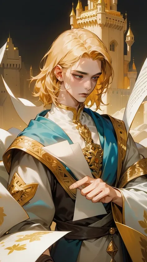 (masterpiece),( best quality ), illustration, (fantasy:1.4), Perfect Male Face, alone, cute detailed digital art,  Beautiful Face , golden hair, castle, mountain, a young man, , paper_cut