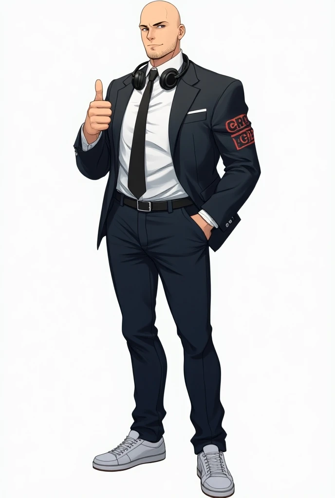 anime. Tall man, bald. white shirt, black tie, jeans pants,  jacket with the name G R I S E on the right side. thumbs up, Headset hanging around the neck , white sneakers.