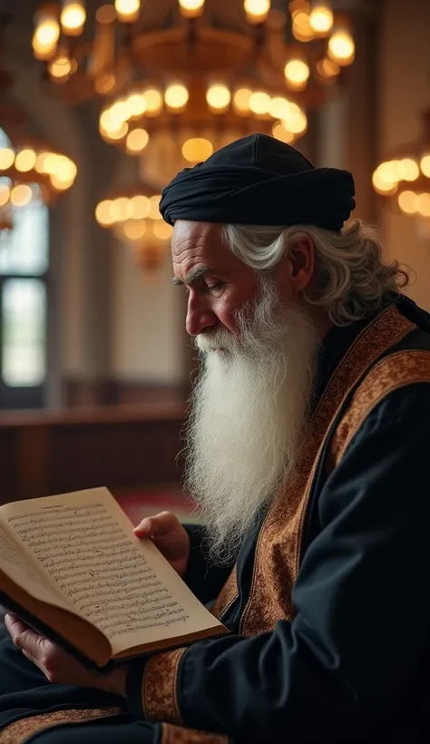 Picture of a traditional scholar sitting holding a book ,  against the background of a mosque interior decorated with chandeliers. In front of him,  there is an image of musical notes depicting him reading a chapter on music