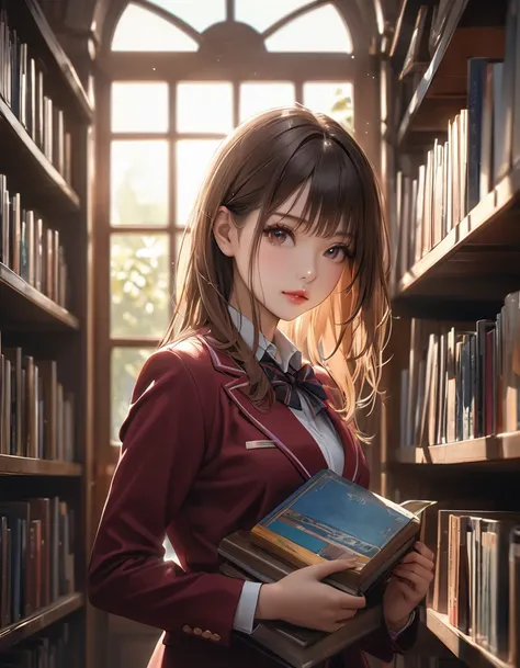 1 girl, beautifully detailed eyes, beautifully detailed lips, highly detailed face and eyes, long eyelashes, blazer uniform, school uniform, long brown hair, picking up a book from a shelf in a high school library, sunlight streaming in through a window, b...