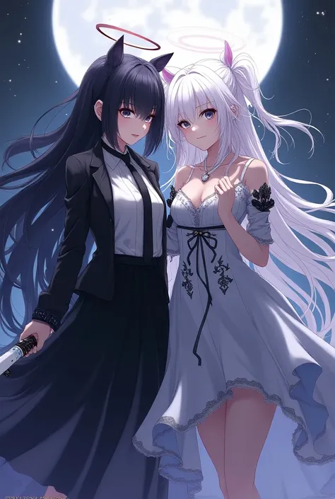 2girl, Anime, Black Hair, White Hair, Bob Hair, Long Hair, Black Eye, Halo, Long Skirt, Dress, Jacket, Gun