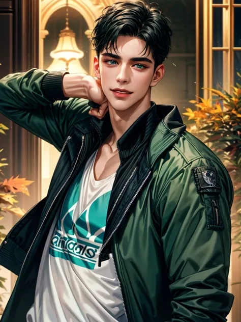 handsome young man, In autumn evening mood , Black Hair Short Hair, blue eyes, ombros largos,  masterpiece, Absurd, beautiful and detailed face, gentle smile,  looking at the viewer, with a dark green Adidas long sleeve jacket
