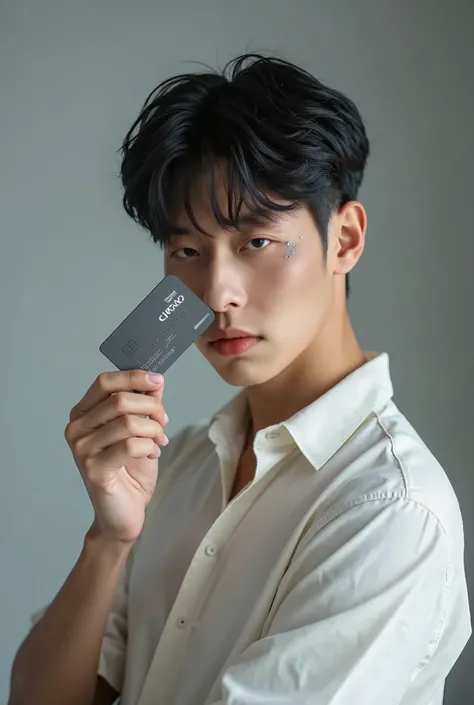 Hyperrealism，korean man handsome Black bang hair, short hair, A dynamic half-body shot of a handsome model holding a JRW credit card close to his face, striking a confident pose. The camera is angled steeply, creating an artistic and stylish perspective th...