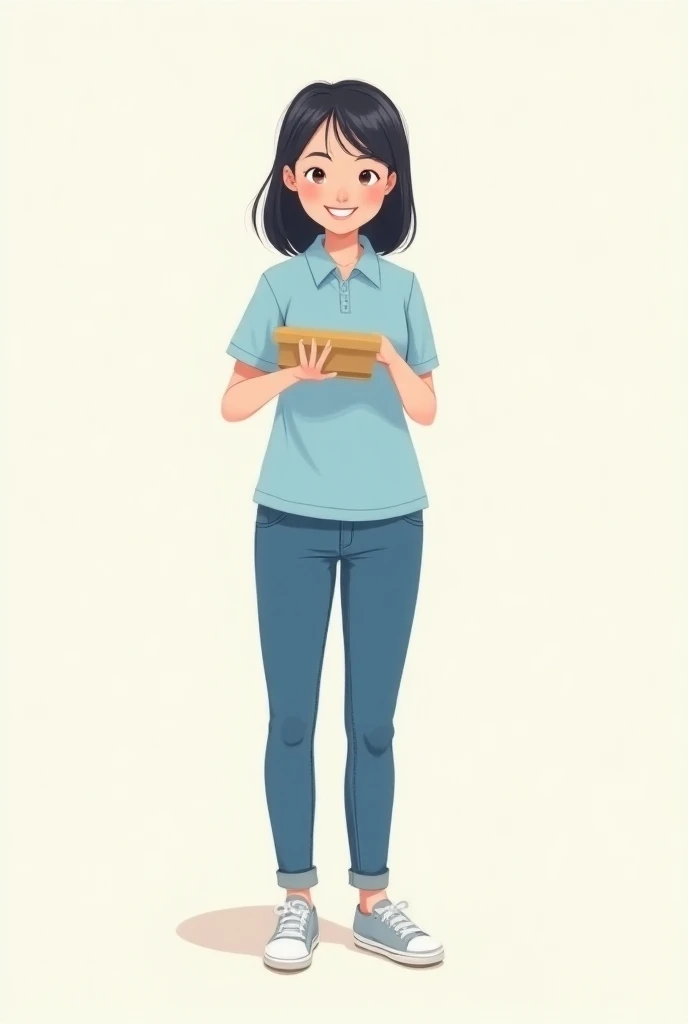 Cartoon Asian woman wearing a blue polo shirt, blue pants, standing holding a small lunch box, full body image showing shoes