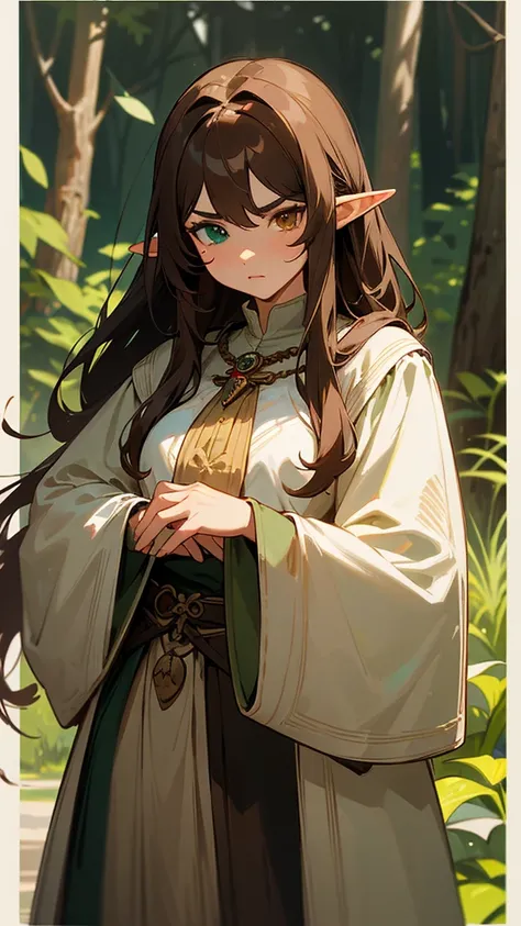  The best quality ,  long hair ,  brown hair ,  Hair between eyes , cabello ondulado,  brown hair  claro,  mouth shut, heterochromia, Serious,  Character design , half-elf, Women, Gorda, medieval fantasy, beetles, beetle jewelry , forest, One brown eye ano...