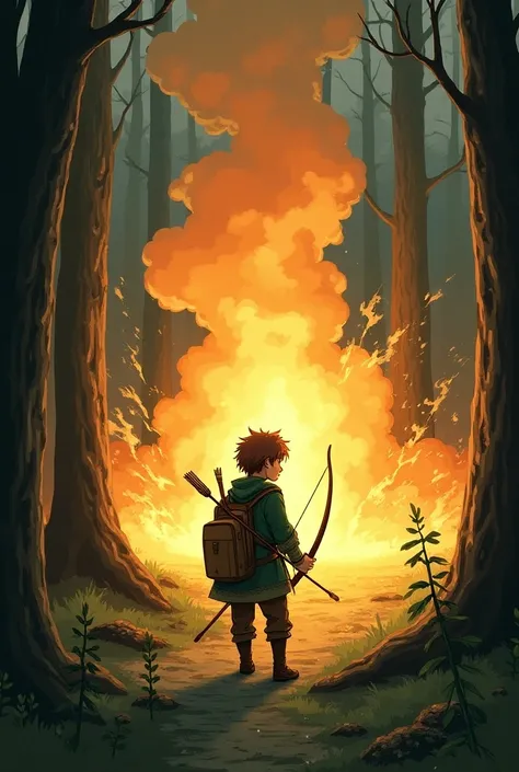 Create an illustration in the style of a rens storybook, depicting a pivotal moment from "Eragon." The scene should show the young boy, Eragon, a brave 15-year-old, standing in the forest of the Spine Mountains, startled by a sudden, violent explosion. His...