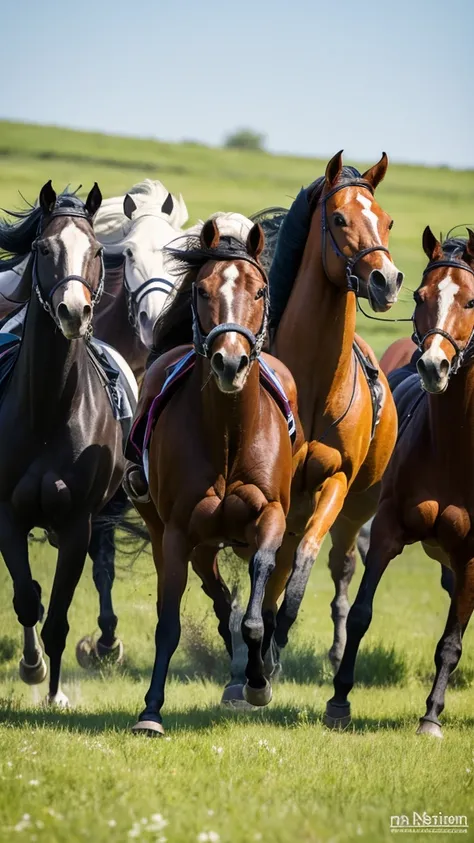 5 horses running head-on across the prairie