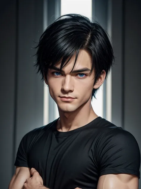 (best quality), 1boy, male, Toji fushiguro, pale skin, black hair, medium hair, bangs over eyes, straight hair, spiky hair, dark blue eyes, perfect eyes, tight black t-shirt, smirk, strong jawline, muscular, masterpiece, anatomically correct, highres
