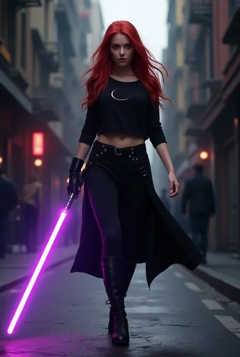 1 woman, walking, full body, redhead, long hair, red eyes, fair skin, perfect body, black shirt, shirt design, crescent moon design, loose skirt, black boots, all-black outfit, holding a purple lightsaber, lightsaber in left hand, background: alley, city, ...