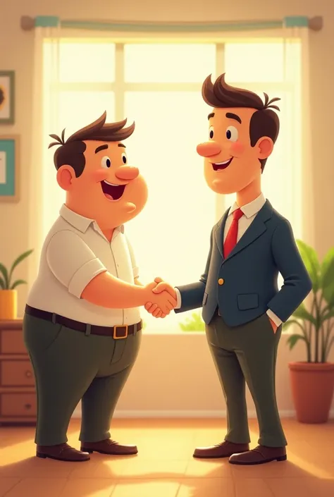 Make me a cartoon of a slightly chubby man shaking hands with another man 