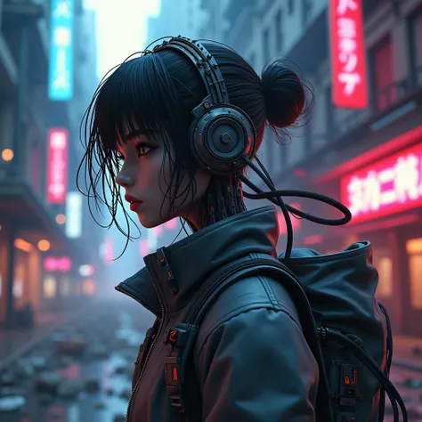 A cyborg girl in profile, with intricate mechanical details, integrated with futuristic technology. The background shows a ruined dystopian city with neon lights in shades of blue and pink, enveloped in a melancholic and dark atmosphere. The hair seems to ...