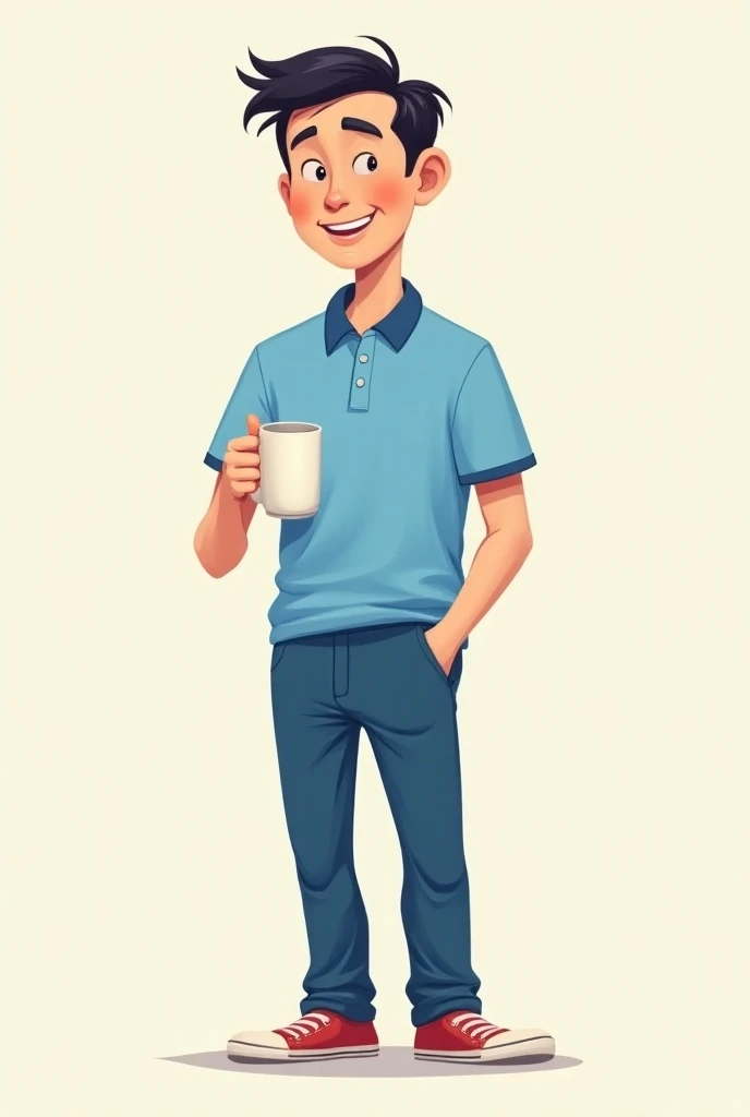 CARTOON ASIAN MAN WEARING BLUE POLO SHIRT BLUE PANTS STANDING HOLDING MUG KEEPING COOL FULL BODY SHOT OF SHOES