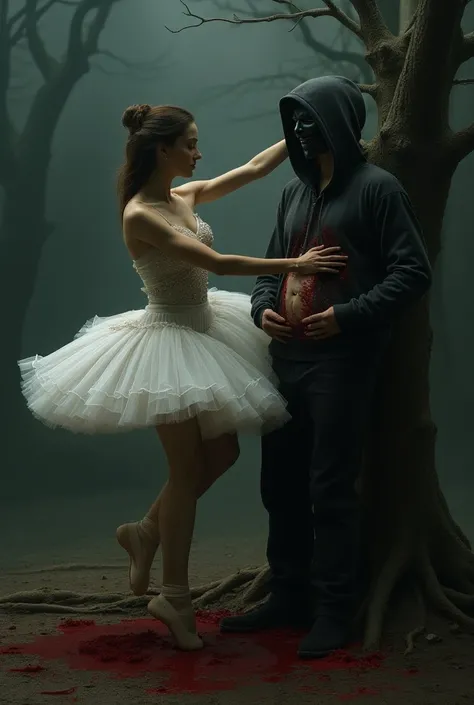 Hight quality, realistic, very beautiful woman, cut throat a male, throat bloody splashed, woman dance ballet, male mask, male hoodie, male leaned against a tree, male stomach pierced by a tree