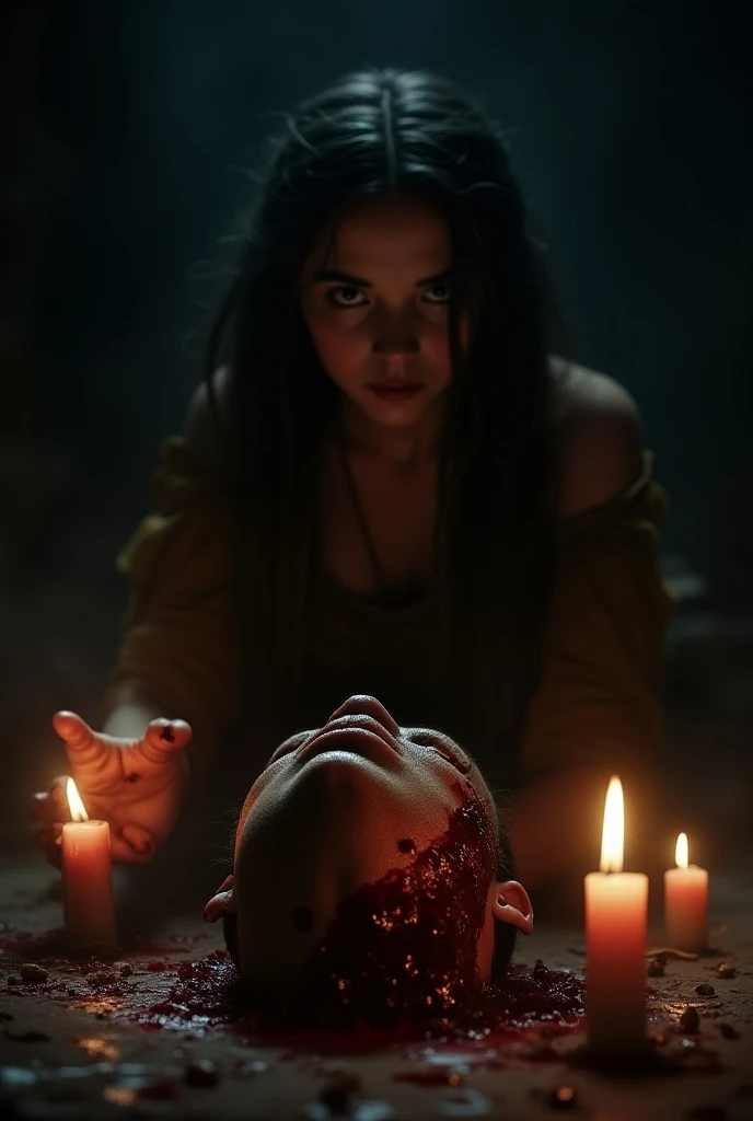 frightened princess in a dark temple, eyes wide with horror, staring at her husbands severed head on the ground, surrounded by flickering candles.
