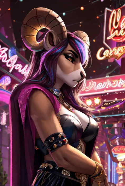 female bighorn sheep furry wearing modern Las Vegas outfit, Serious