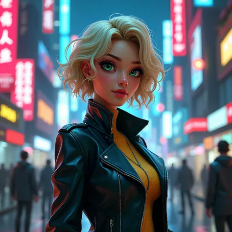 cyborg girl, cyberpunk city background, neon light, a beautiful woman 30 years old, blonde short curly hair, green eyes, animated, realistic, cartoon face, elegant, confident, without naked body, leather jacket, blue and yellow colours, digital art masterp...