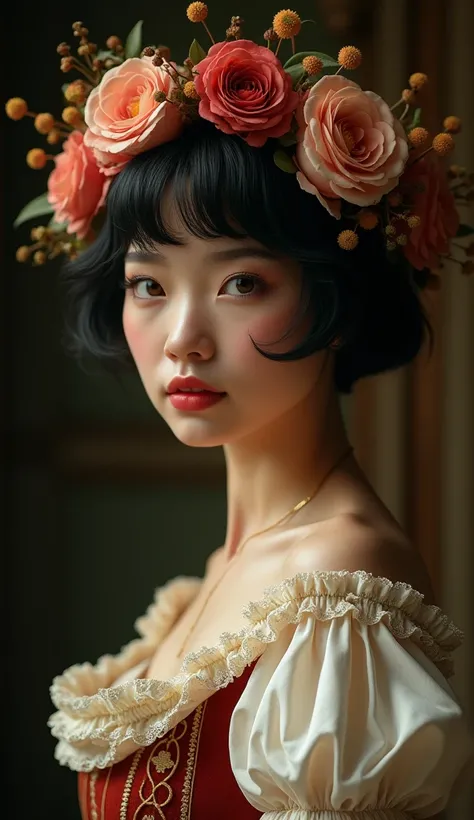 a young woman with short black hair, medieval style dress, beautiful detailed eyes, beautiful detailed lips, extremely detailed face and features, intricate flower crown, expressive pose, dramatic lighting, warm color tones, cinematic composition, masterpi...