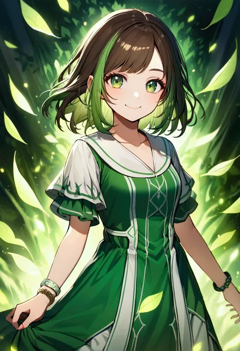  teenage girl , shorty, hair tidy, medium length hair, dark brown and multicolored green hair, middle strip, proud face, smiling, Dark green eyes, stylish white and green healer dress, very detailed bracelets, aura of leaves around the character, very deta...