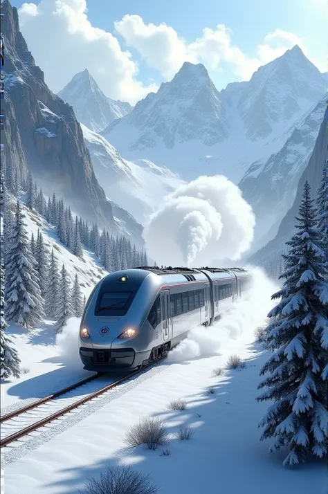 Draw a electric train going through snow mountains