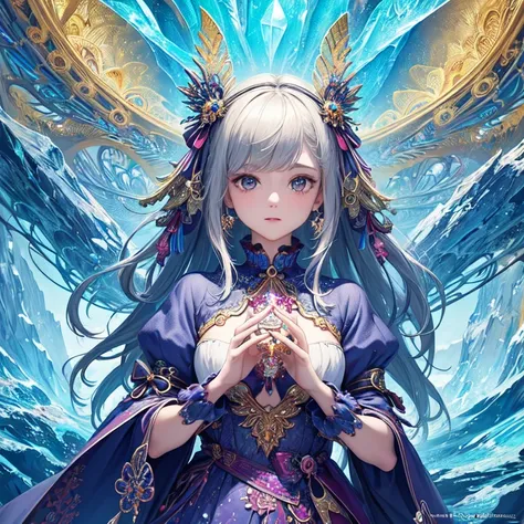 (masterpiece, Best Quality,  best quality , Official Art, beautiful、And aesthetic :1.2), ( 1 girl),  Extremely Detailed ,( Fractal Art :1.3),colorful,  upper body, front, Im holding a crystal with both hands