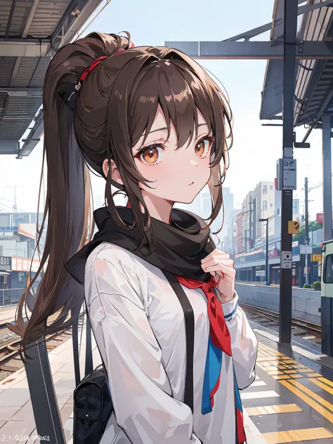  look up with the naked eye ,  station platform,162cm,18 years old, ponytail brown hair waiting for the train,  Brown Eyes  , beautiful girls ,whole body, anatomically correct  , Attention to Details,Super detailed,  super high definition , textured skin,m...